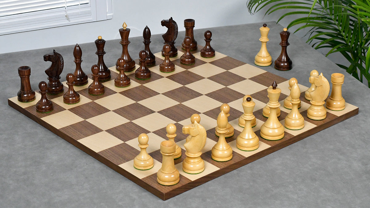 Combo Of Circa 1930s "Leningrad Schoolboy" Soviet Chess Pieces 4.2 inch King in Sheesham & Boxwood - 1530 Grams With Minimalist Walnut Maple Wooden Chess Board Matte Finish