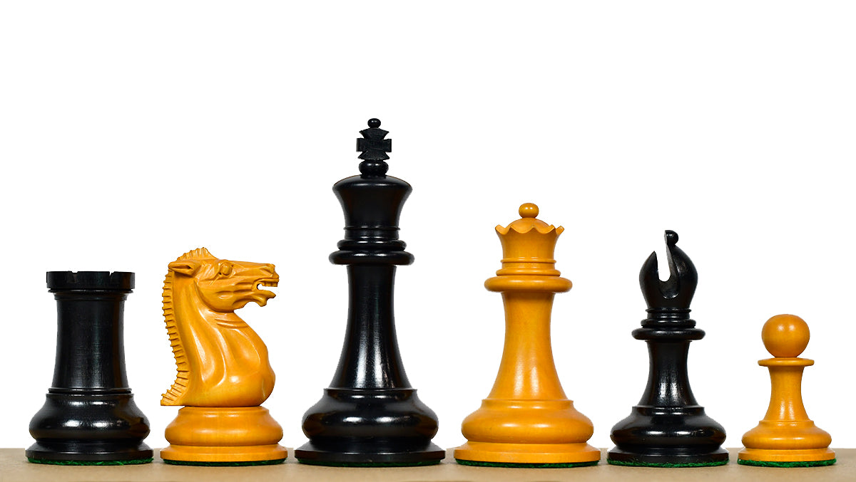 4.5" King - 1849 Original Staunton Pattern Triple Weighted Wooden Chess Pieces in Genuine Ebony & Antiqued Boxwood w/ King Side Stamping