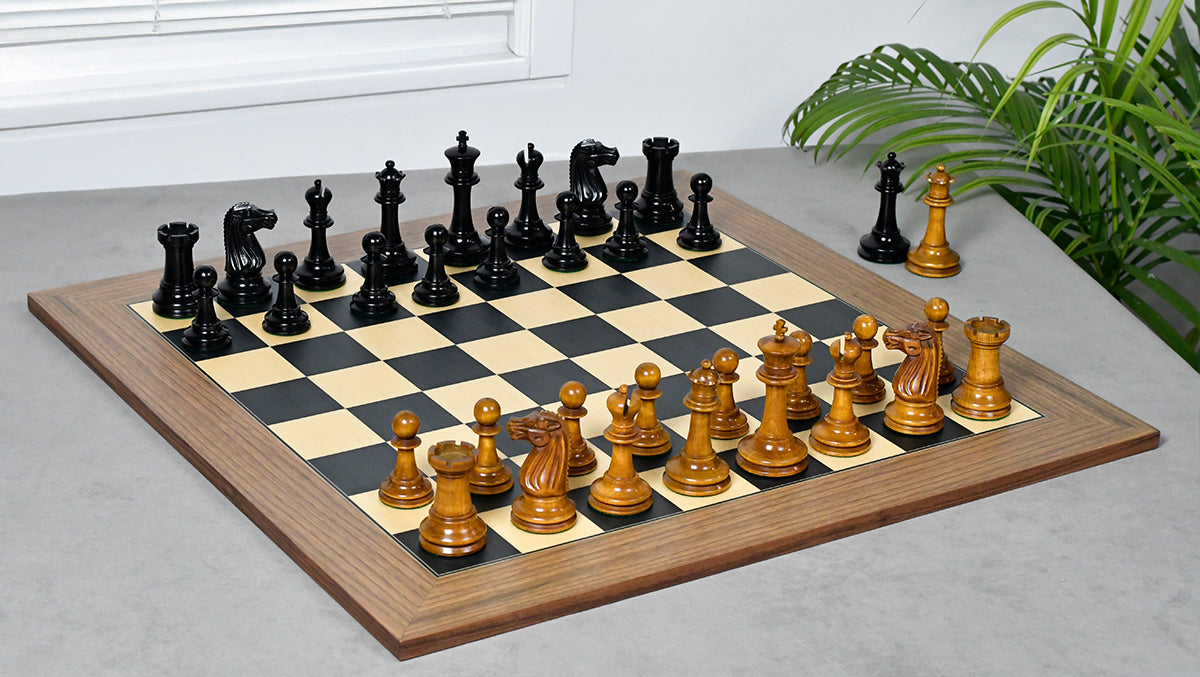 Combo Of Circa 1887 Turner Teich Soviet-Staunton Style Weighted 4" Chess Pieces in Ebony & Antiqued Boxwood With Wooden Black Dyed Poplar Sycamore Chess Board
