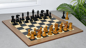 Combo Of Circa 1887 Turner Teich Soviet-Staunton Style Weighted 4" Chess Pieces in Ebony & Antiqued Boxwood With Wooden Deluxe Black Dyed Poplar & Sycamore with Matte Finish Chess Board