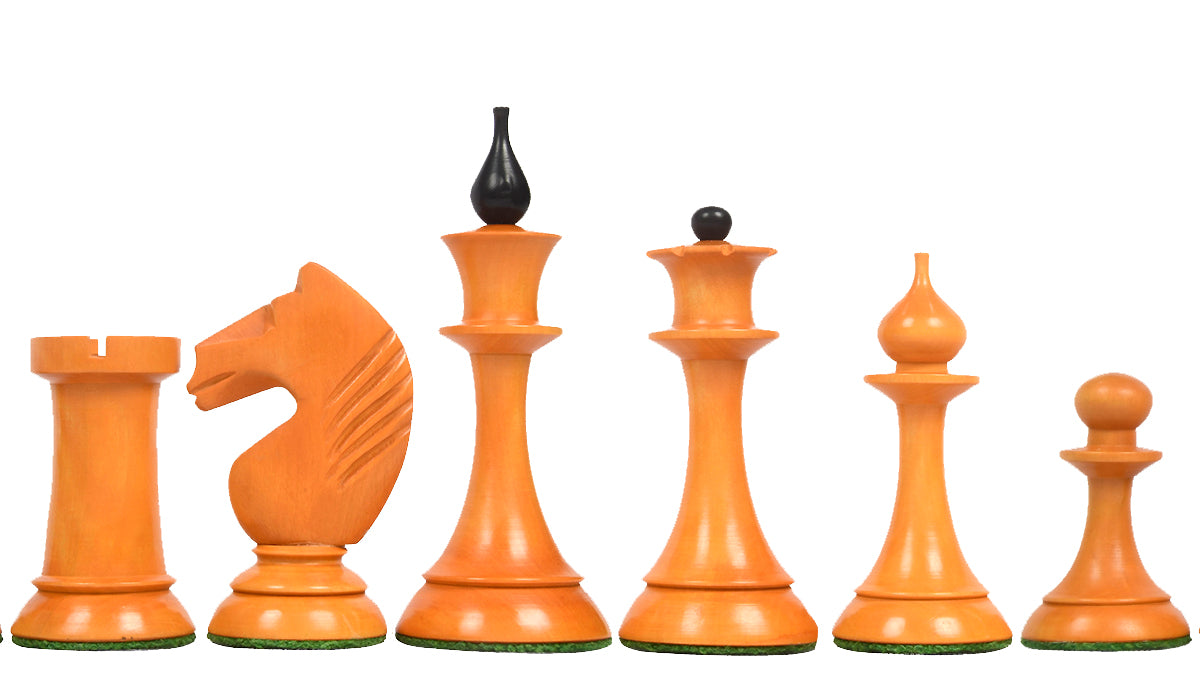 The 1950s Soviet (Russian) Latvian Reproduced Chess Pieces in Ebonized Boxwood / Antiqued Boxwood - 4.1" King