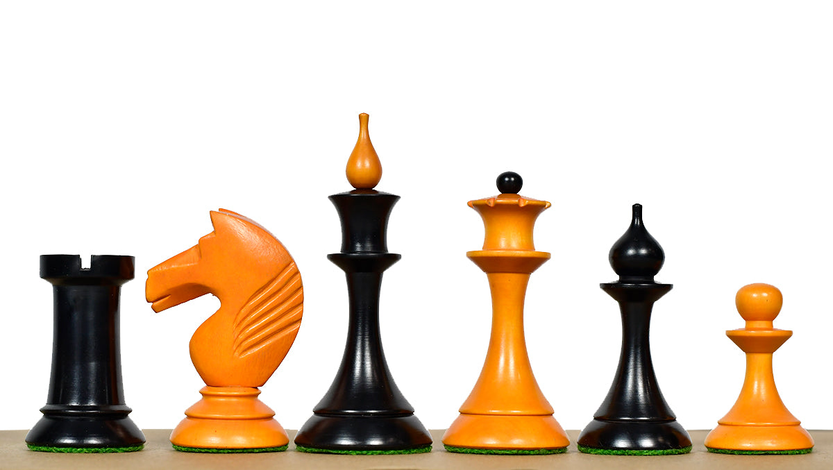 1950s' Soviet Russian (The Queen's Gambit) Latvian Chess Pieces in Ebonized Boxwood / Antiqued Boxwood - 4.1" King Weight 1050 - grams