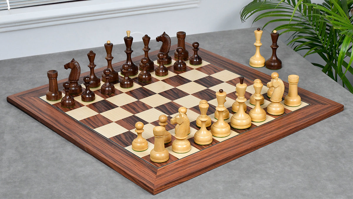 The Soviet Era 1950s' Botvinnik Tournament Weighted Chess Pieces in Sheesham & Boxwood 4.4 inch King - With Santos Palisander pr & Sycamore Chess Board