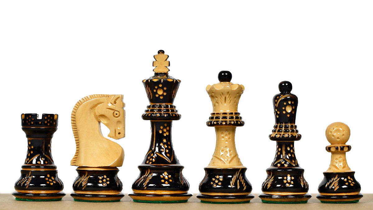 1959 World Chess Championship Russian Zagreb Weighted 3.8" Chess Pieces in Burnt Boxwood / Natural Boxwood - 1000 GMS