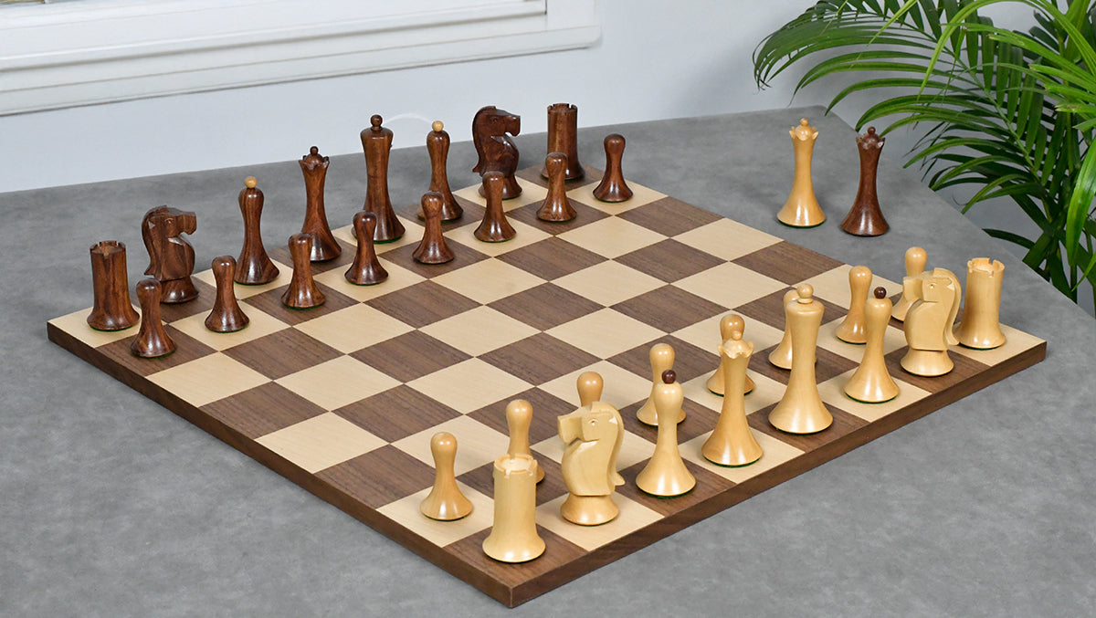 Combo Of Minimalist Soviet-Style Chess Pieces In Sheesham & Boxwood - 3.7” King With Minimalist Walnut Maple Wooden Chess Board Matte Finish