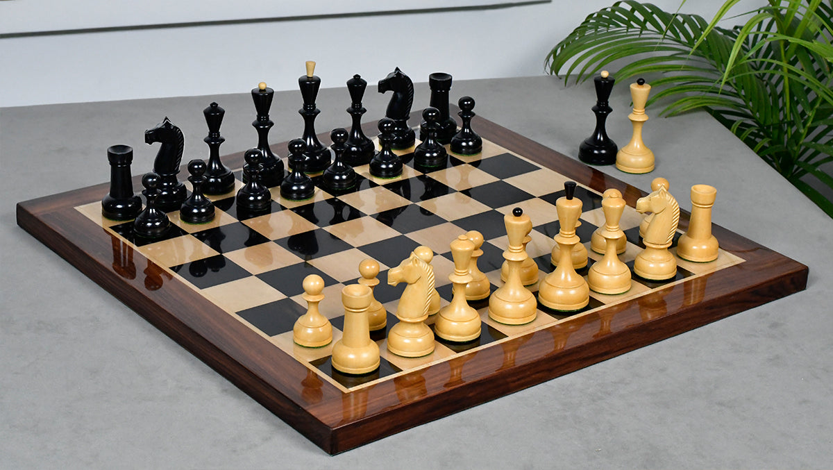 Combo Of 1950s' Botvinnik Tournament Soviet Era Chess Pieces in 4.4 inch King Ebonized Boxwood - 1480 Grams Weight With Solid Wooden Indian Chess Board in Genuine Ebony Wood & Maple Wood with Sheesham Wood Border