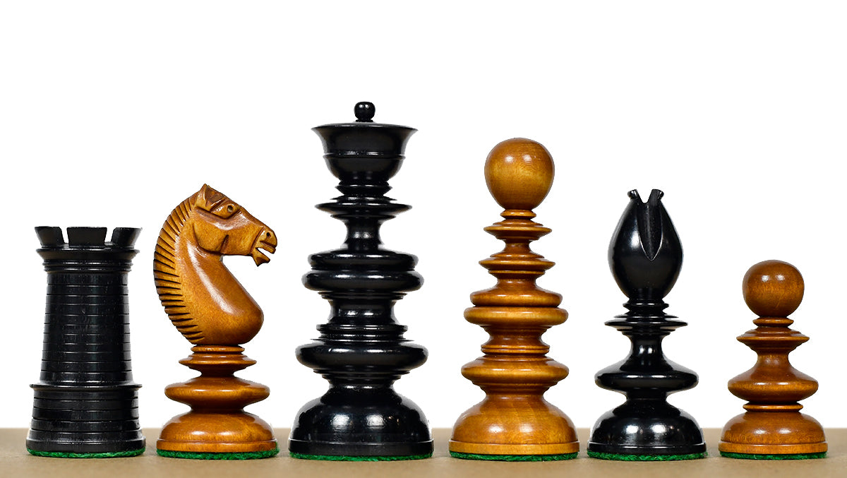 Circa 1840 St. John Pre-Staunton Calvert Library Size 3.3 Inch Chessmen in Genuine Ebony & Antiqued Boxwood - 900 grams