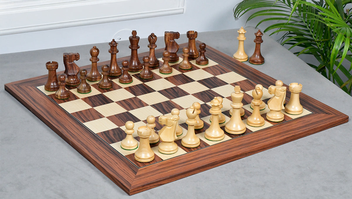 Combo Of Old Vintage English Staunton Series Chess Pieces in Sheesham & Bowood - 3.8" King With Santos Palisander pr &amp; Sycamore Chess Board