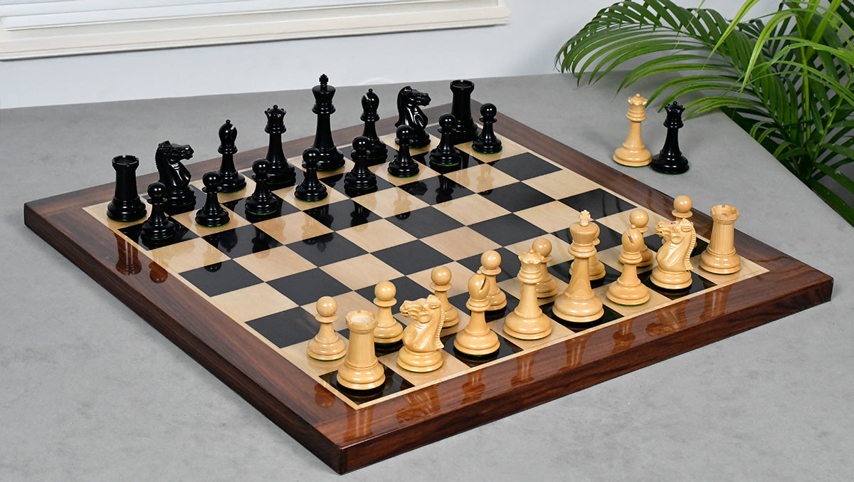 Combo Of Vintage 1915-1925 Nimzovich Staunton Chess Pieces in Ebony & Boxwood – 3.75" King With Solid Wooden Indian Chess Board in Genuine Ebony Wood & Maple Wood with Sheesham Wood Border