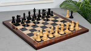 Combo Of Vintage 1915-1925 Nimzovich Staunton Chess Pieces in Ebony & Boxwood – 3.75" King With Solid Wooden Indian Chess Board in Genuine Ebony Wood & Maple Wood with Sheesham Wood Border