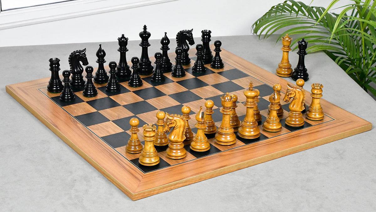 Combo Of War Admiral Antiqued Chess Pieces – 4.4" King – Handcrafted Staunton Design in Ebony Wood & Antiqued Boxwood With Wooden Black Dyed Poplar Olive Chess Board