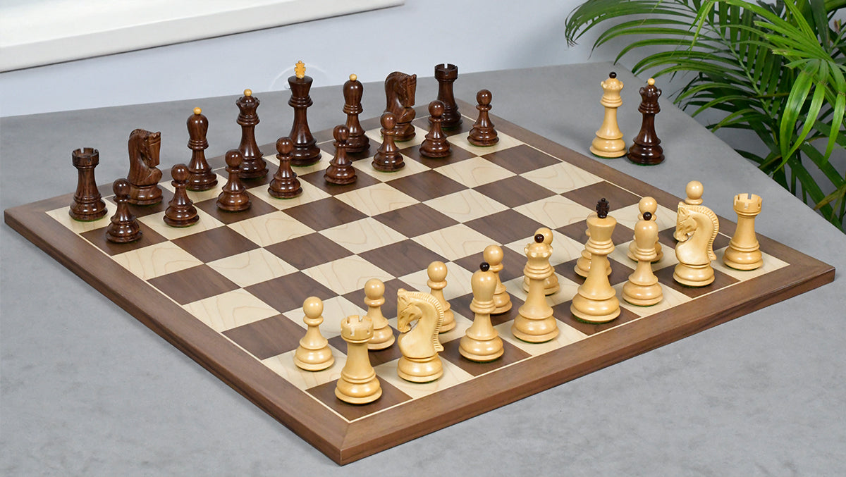 Combo Of 1959 World Chess Championship Russian Zagreb Weighted Chess Pieces in Sheesham / Natural Boxwood 4.14" - King With Wooden Walnut / Maple Chess Board