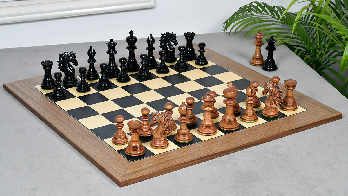 Combo Of American Adios Series Luxury Chess Pieces in Distressed Boxwood & Ebony Wood - 4.4" King With Wooden Black Dyed Poplar Sycamore Chess Board