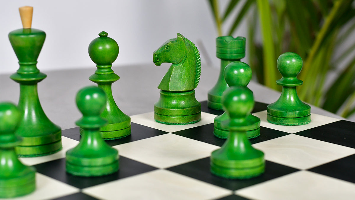 Russian (Soviet Era) Series Chess Pieces in Stained Green Ash Burl / Boxwood - 3.7" King