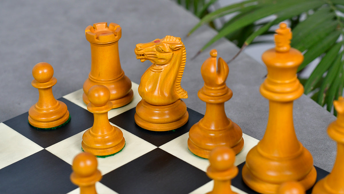 4.5" King - 1849 Original Staunton Pattern Triple Weighted Wooden Chess Pieces in Genuine Ebony & Antiqued Boxwood w/ King Side Stamping
