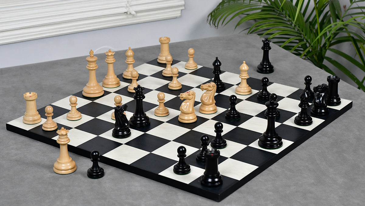 1880s-90s Circa Lasker Staunton Pattern Antique Chess Pieces in Ebony / Boxwood with King Side Stamping - 3.75" King
