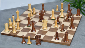 Combo Of Minimalist Soviet-Style Chess Pieces In Sheesham & Boxwood - 3.7” King With Minimalist Walnut Maple Wooden Chess Board Matte Finish