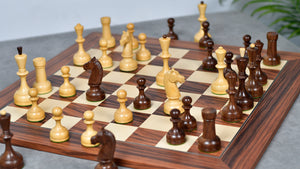 The Soviet Era 1950s' Botvinnik Tournament Weighted Chess Pieces in Sheesham & Boxwood 4.4 inch King - With Santos Palisander pr & Sycamore Chess Board