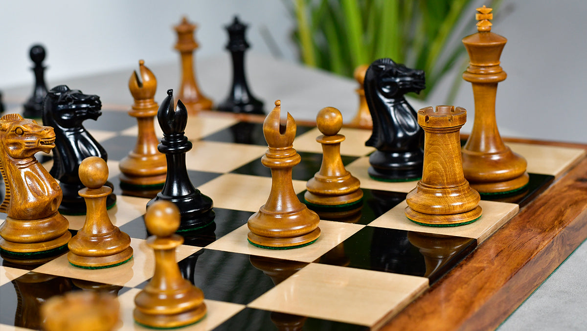 The 1849 Cooke Type 2 Jaques Staunton Weighted 3.5 inch King Chess Pieces in Ebony wood and Vintage Antique Boxwood - 1100 Grams Weight