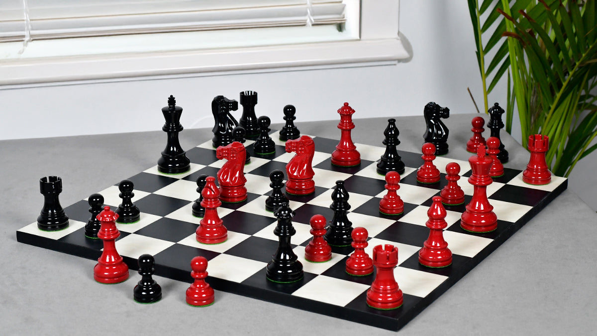 Smokey Staunton Series Painted Chess Set - Chess Pieces Only - Black and Red Painted Boxwood - 3.8" King