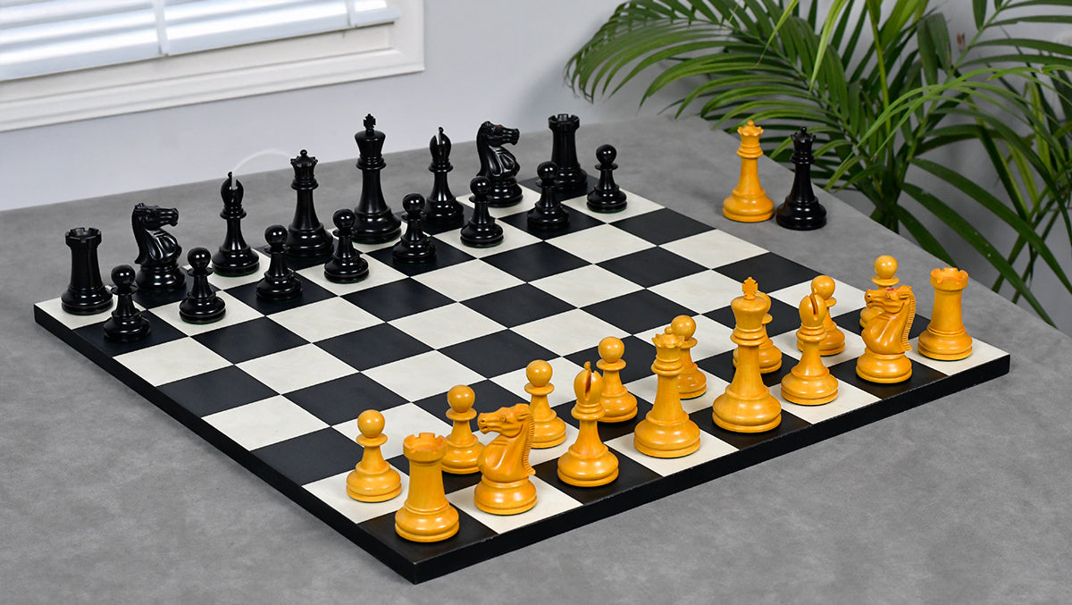 1900 Marshall Staunton Pattern Chess Pieces in Ebony / Antiqued Boxwood with King Side Stamping - 3.75" King