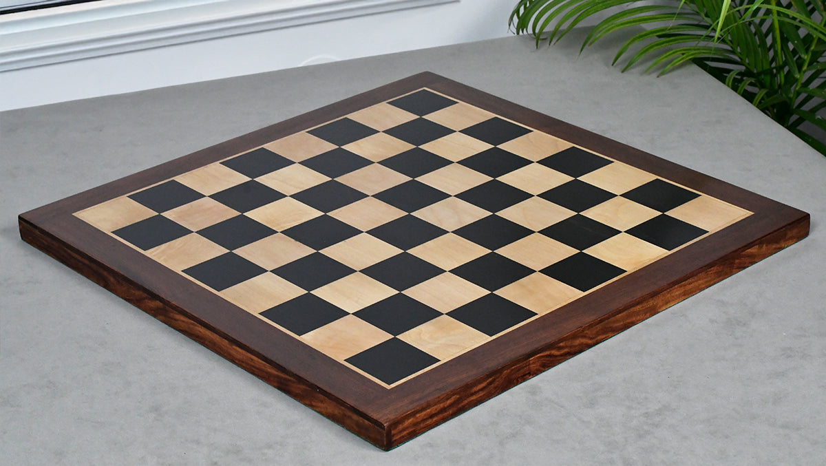 Combo Of Minimalist Soviet-Style Chess Pieces In Ebonized & Boxwood - 3.7” King With Wooden Ebony Wood / Maple Wood Chess Board