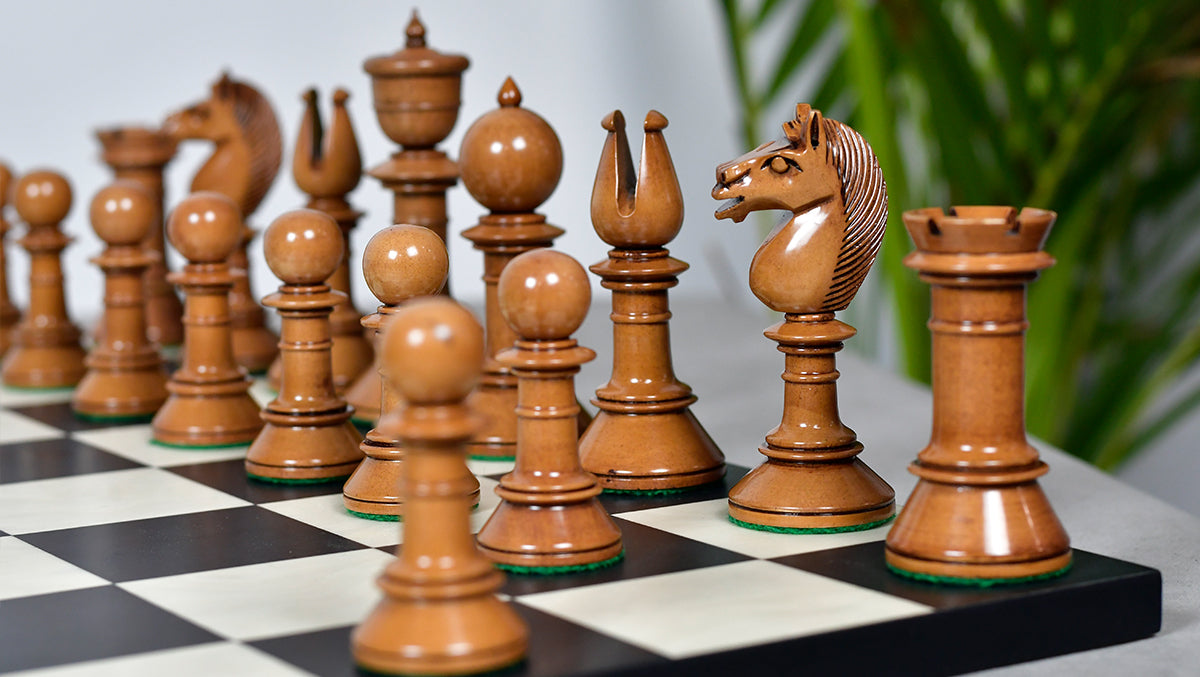 Exclusive Repro Old Antique Edinburgh Upright Chess Pieces in Distressed Boxwood and Ebonized Wood - 4.4" King with Extra Queens
