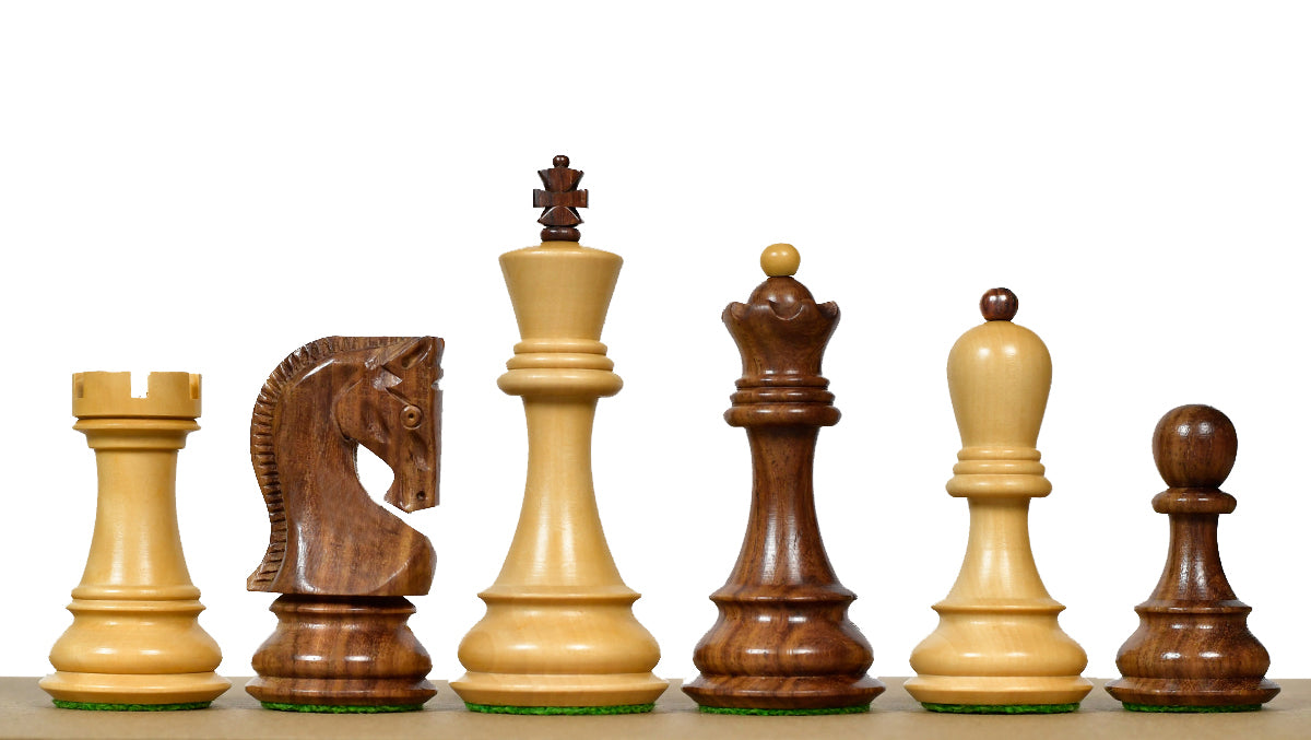 Combo Of 1959 World Chess Championship Russian Zagreb Weighted Chess Pieces in Sheesham / Natural Boxwood 4.14" - King With Wooden Walnut / Maple Chess Board