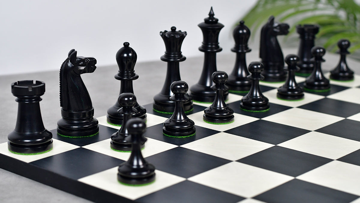 1900s' American Chess Company Reproduction Tournament Chess Set -  Black Ebonized & Antiqued Boxwood 3.8" King
