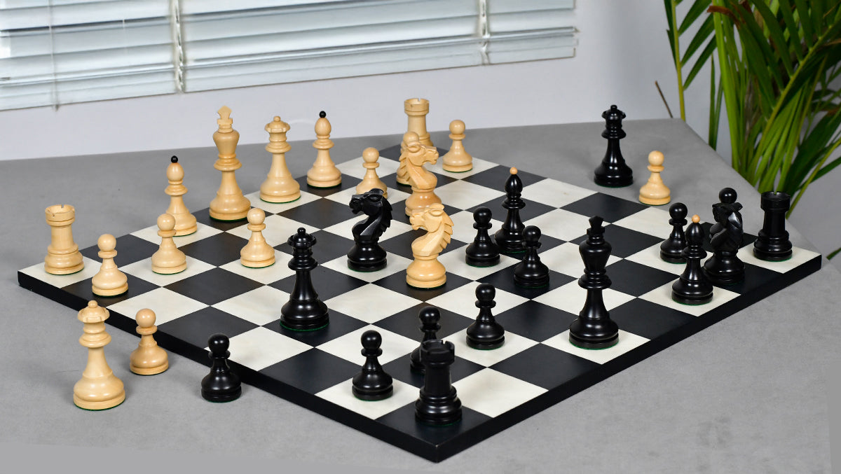 Reproduced Vintage 1950's Circa Bohemia Staunton Series German Chess Pieces in Ebonized Boxwood & Natural Boxwood - 3.89" King