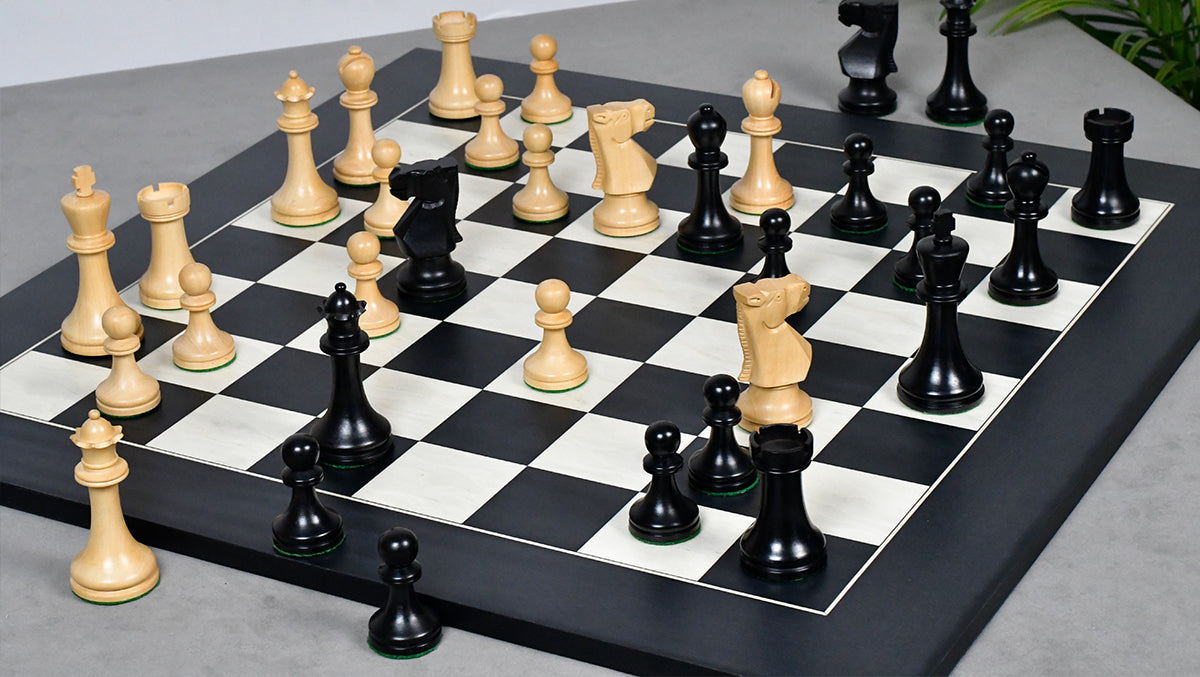Combo Of Old Vintage English Staunton Series Chess Pieces in Ebonized Wood & Boxwood - 3.8" King With Wooden Black Anigre/ Maple Chess Board
