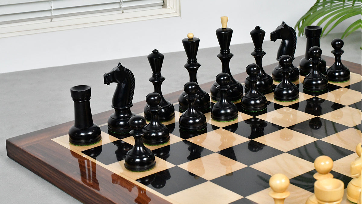 Combo Of 1950s' Botvinnik Tournament Soviet Era Chess Pieces in 4.4 inch King Ebonized Boxwood - 1480 Grams Weight With Solid Wooden Indian Chess Board in Genuine Ebony Wood & Maple Wood with Sheesham Wood Border