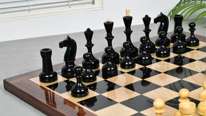 Combo Of 1950s' Botvinnik Tournament Soviet Era Chess Pieces in 4.4 inch King Ebonized Boxwood - 1480 Grams Weight With Solid Wooden Indian Chess Board in Genuine Ebony Wood & Maple Wood with Sheesham Wood Border