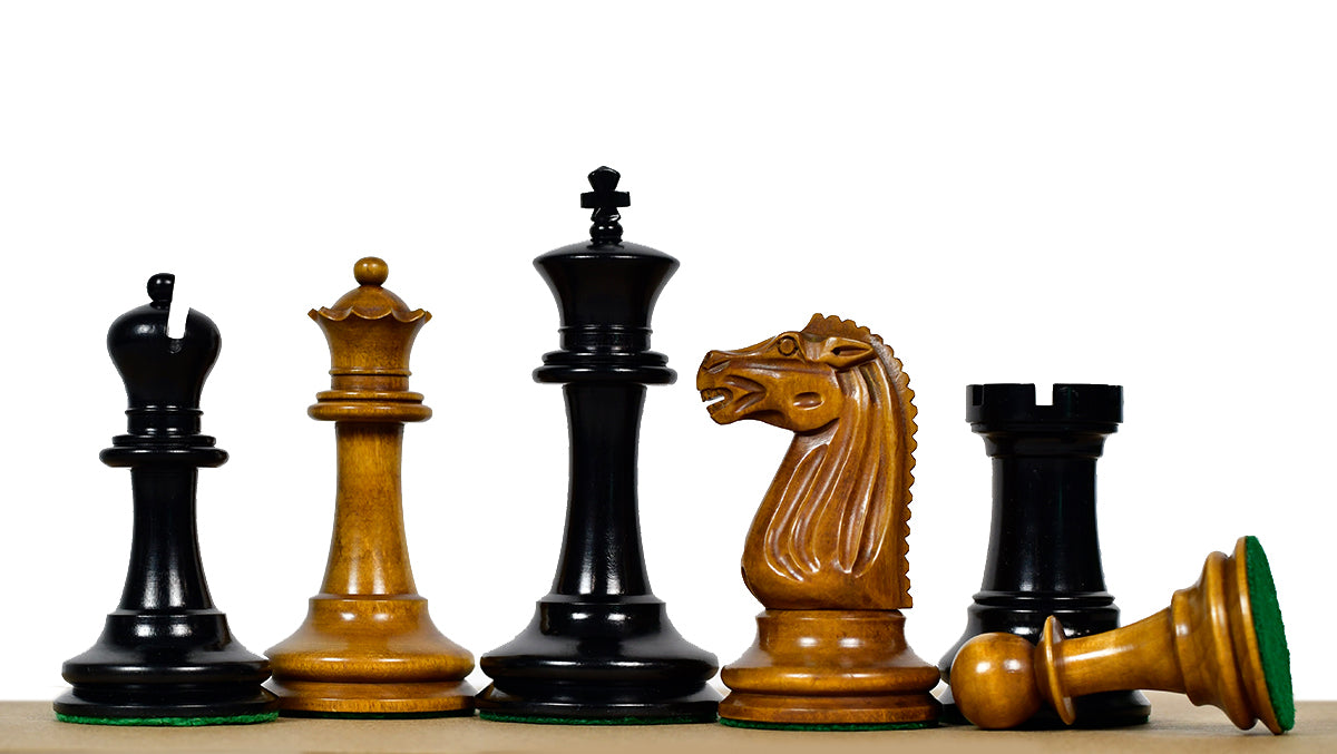 Combo Of Circa 1887 Turner Teich Soviet-Staunton Style Weighted 4" Chess Pieces in Ebony & Antiqued Boxwood With Wooden Black Dyed Poplar Sycamore Chess Board