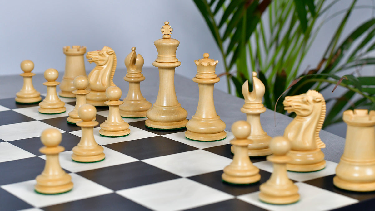 1849 Original Staunton Pattern Wooden Heavy Chess Pieces in Ebony / Boxwood with King Side Stamping - 3.75" King