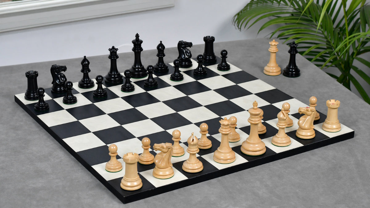 1880s-90s Circa Lasker Staunton Pattern Antique Chess Pieces in Ebony / Boxwood with King Side Stamping - 3.75" King