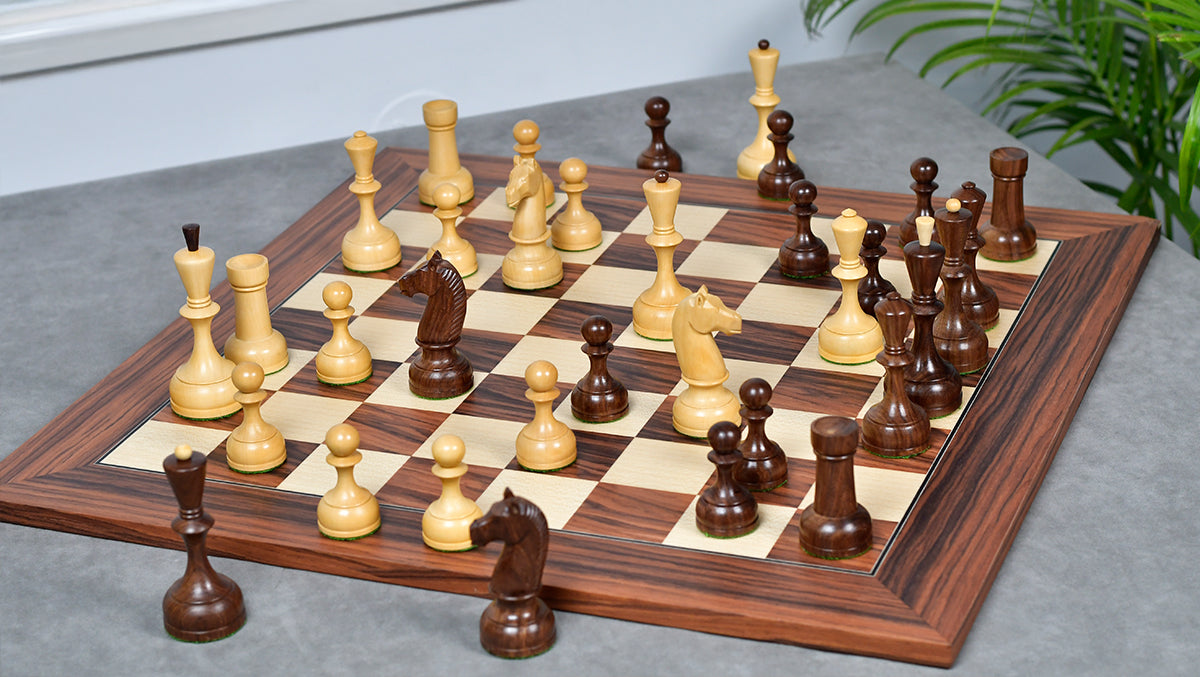 The Soviet Era 1950s' Botvinnik Tournament Weighted Chess Pieces in Sheesham & Boxwood 4.4 inch King - With Santos Palisander pr & Sycamore Chess Board