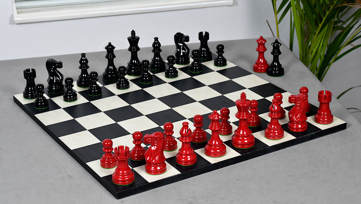 Smokey Staunton Series Painted Chess Set - Chess Pieces Only - Black and Red Painted Boxwood - 3.8" King