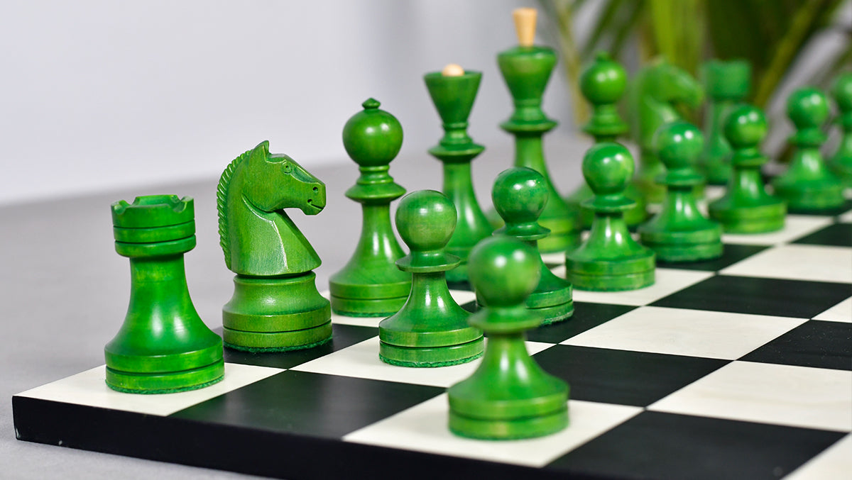 Russian (Soviet Era) Series Chess Pieces in Stained Green Ash Burl / Boxwood - 3.7" King