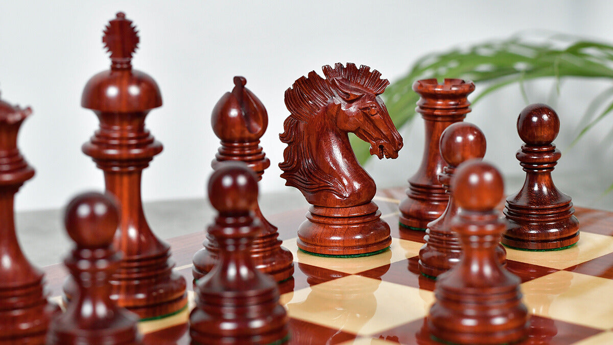 New Indian-American Luxury Series Triple Weighted Chess Pieces in Bud Rosewood(Padauk) / Boxwood Ver 2.0 - 4.4" King