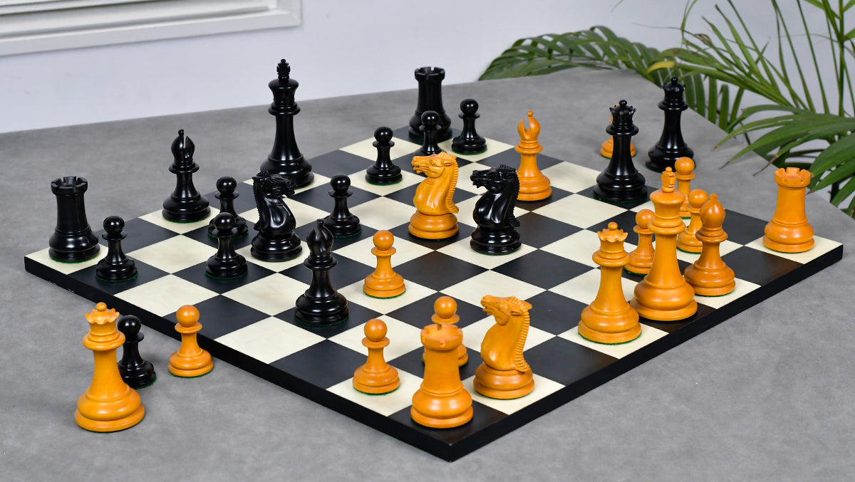 4.5" King - 1849 Original Staunton Pattern Triple Weighted Wooden Chess Pieces in Genuine Ebony & Antiqued Boxwood w/ King Side Stamping