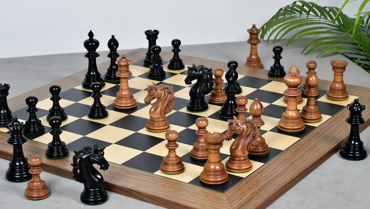 Combo Of American Adios Series Luxury Chess Pieces in Distressed Boxwood & Ebony Wood - 4.4" King With Wooden Black Dyed Poplar Sycamore Chess Board