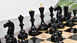 Combo Of 1950s' Botvinnik Tournament Soviet Era Chess Pieces in 4.4 inch King Ebonized Boxwood - 1480 Grams Weight With Solid Wooden Indian Chess Board in Genuine Ebony Wood & Maple Wood with Sheesham Wood Border