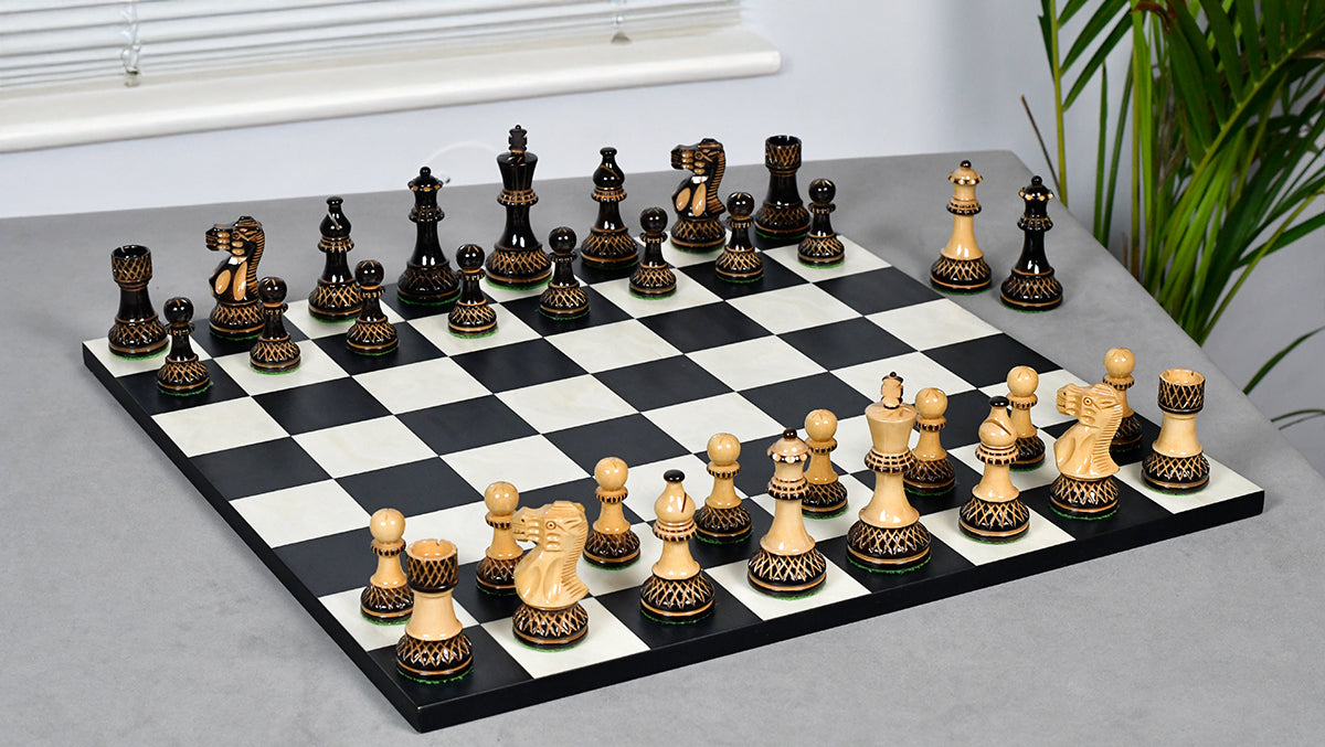 Burnt Blazed Series Handcarved (Lacquerd) Chess Pieces in Burnt Boxwood - 3.8" King