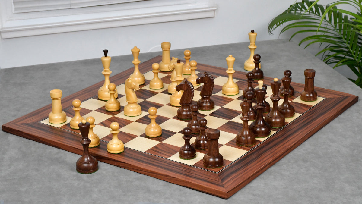 The Soviet Era 1950s' Botvinnik Tournament Weighted Chess Pieces in Sheesham & Boxwood 4.4 inch King - With Santos Palisander pr & Sycamore Chess Board