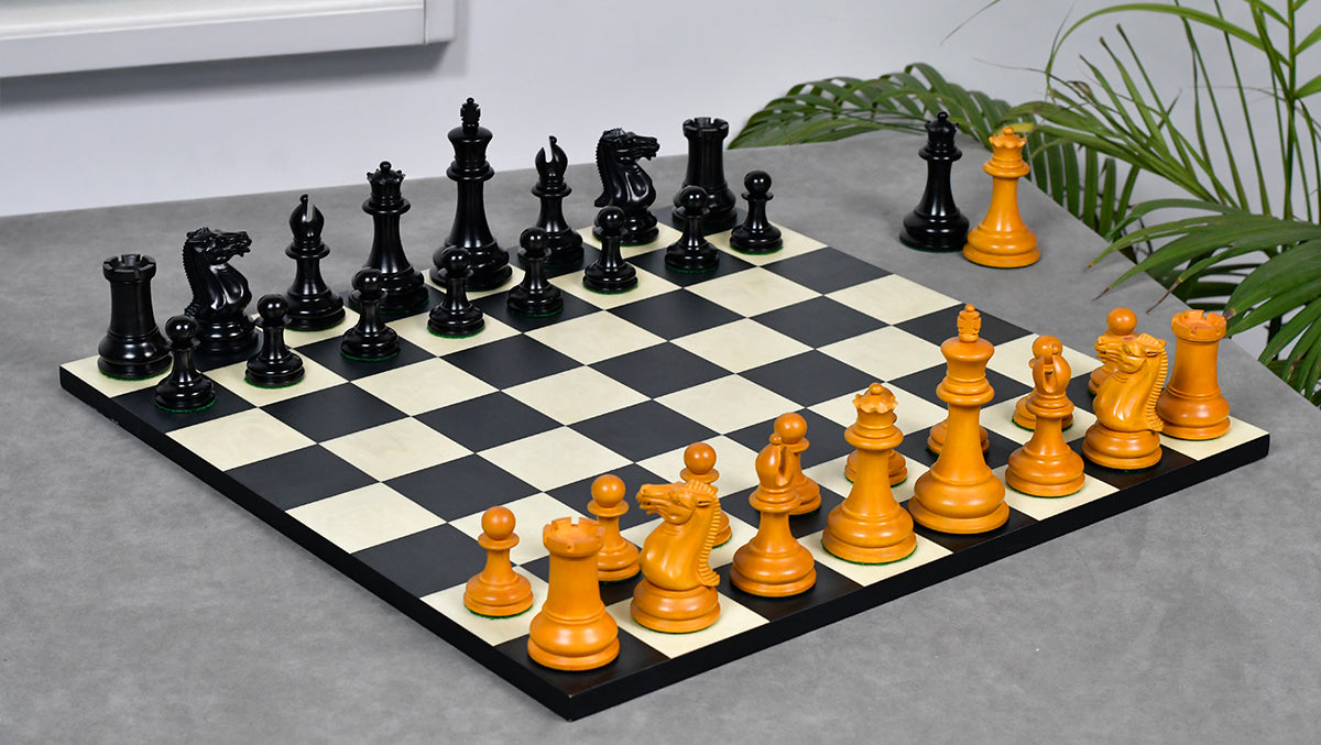 4.5" King - 1849 Original Staunton Pattern Triple Weighted Wooden Chess Pieces in Genuine Ebony & Antiqued Boxwood w/ King Side Stamping