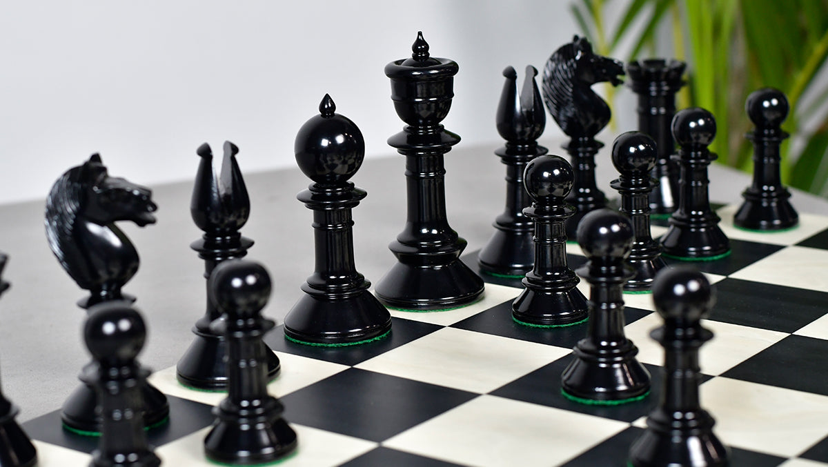 Exclusive Repro Old Antique Edinburgh Upright Chess Pieces in Distressed Boxwood and Ebonized Wood - 4.4" King with Extra Queens