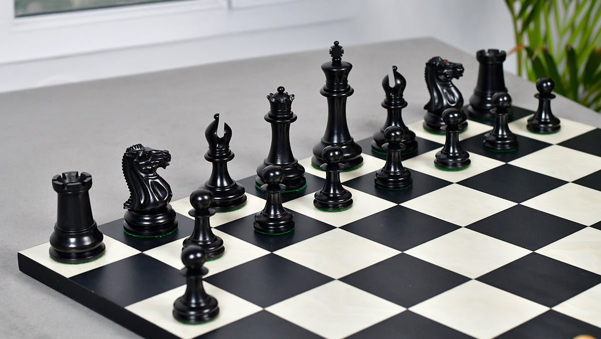 1849 Original Staunton Pattern Wooden Heavy Chess Pieces in Ebony / Boxwood with King Side Stamping - 3.75" King