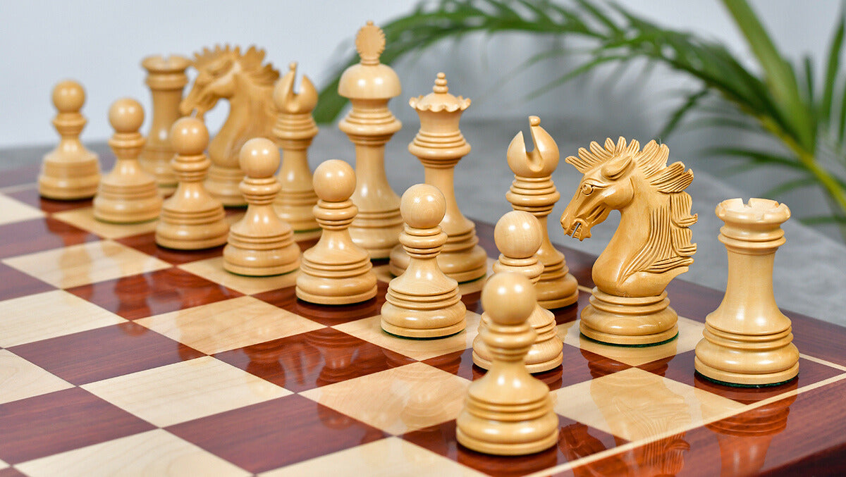New Indian-American Luxury Series Triple Weighted Chess Pieces in Bud Rosewood(Padauk) / Boxwood Ver 2.0 - 4.4" King