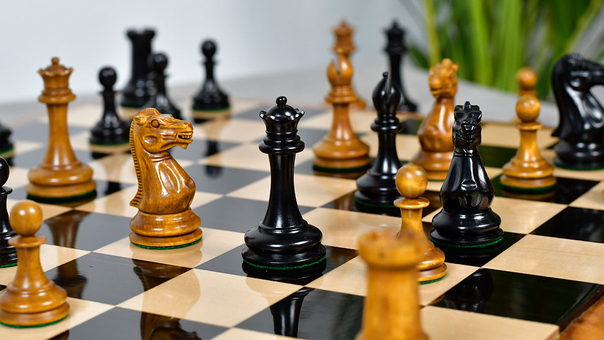 The 1849 Cooke Type 2 Jaques Staunton Weighted 3.5 inch King Chess Pieces in Ebony wood and Vintage Antique Boxwood - 1100 Grams Weight